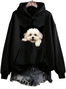Women's Fitted Long Sleeve Hoodie Sweatshirt - Fashionable Creative Dog Pattern Print, Adjustable Drawstring Hood, Kangaroo Pocket, Fleece-Lined, Casual Elegant Autumn Winter Clothes Tops