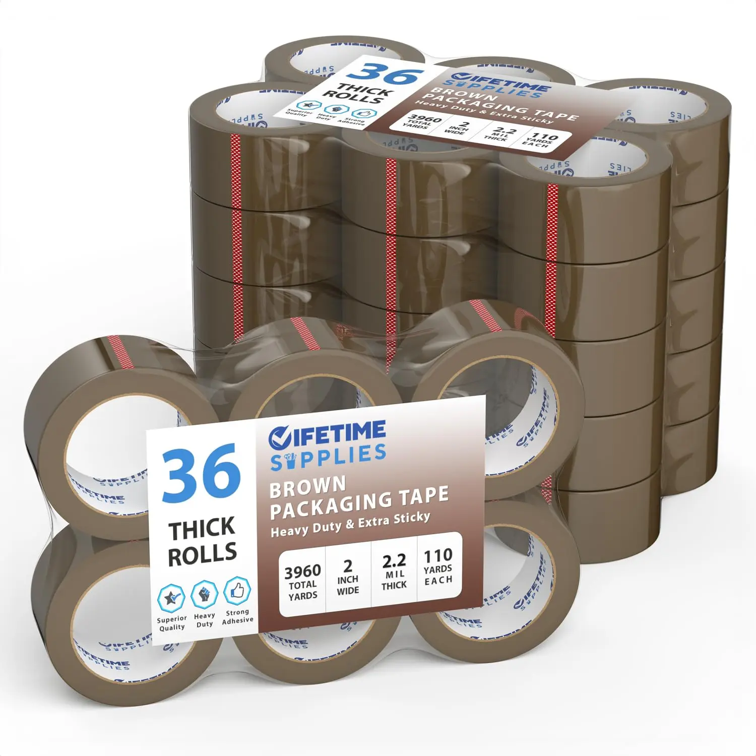 Lifetime Supplies 36 Rolls 2" Brown Premium Packing Tape, 110 Yards, 2.2 mil, Heavy Duty Packaging Tape for Shipping, Moving, Sealing