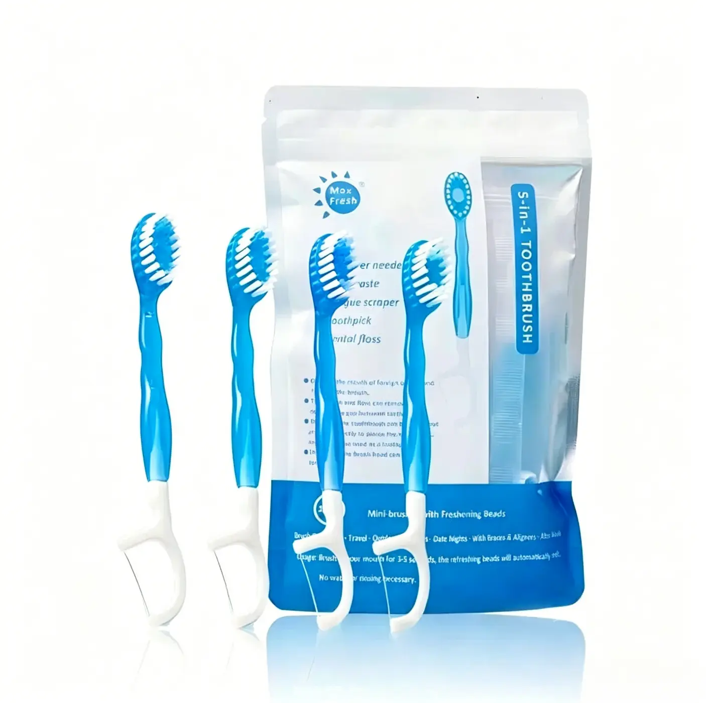 Mini portable toothbrush with toothpaste, soft-bristle toothbrushes for travel — 5-in-1 oral care kit with dental floss and tongue cleaner for fresh breath toothbrush set