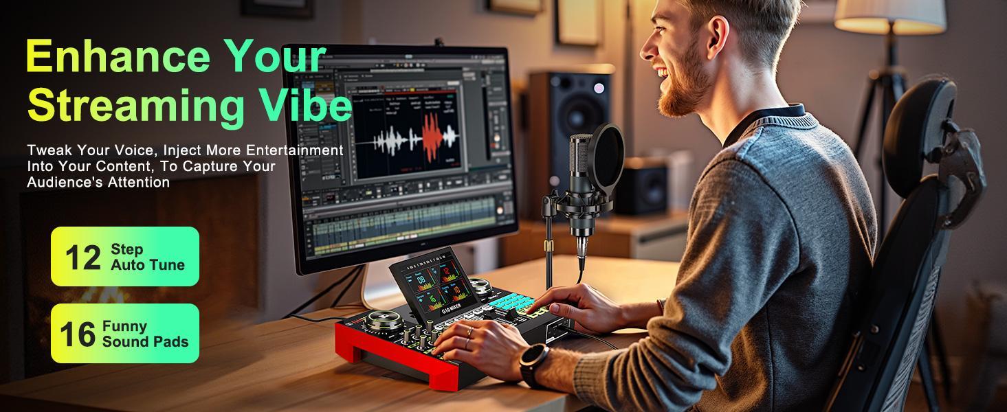 Tenlamp G10-P15 Series Audio Mixer, Live Sound Card with XLR Microphone Connector, Professional Chipset, 48V Phantom Power Supply, One Touch Noise Reduction, One Touch Voice Change for Podcast,Recording,Vocal,Game Voice