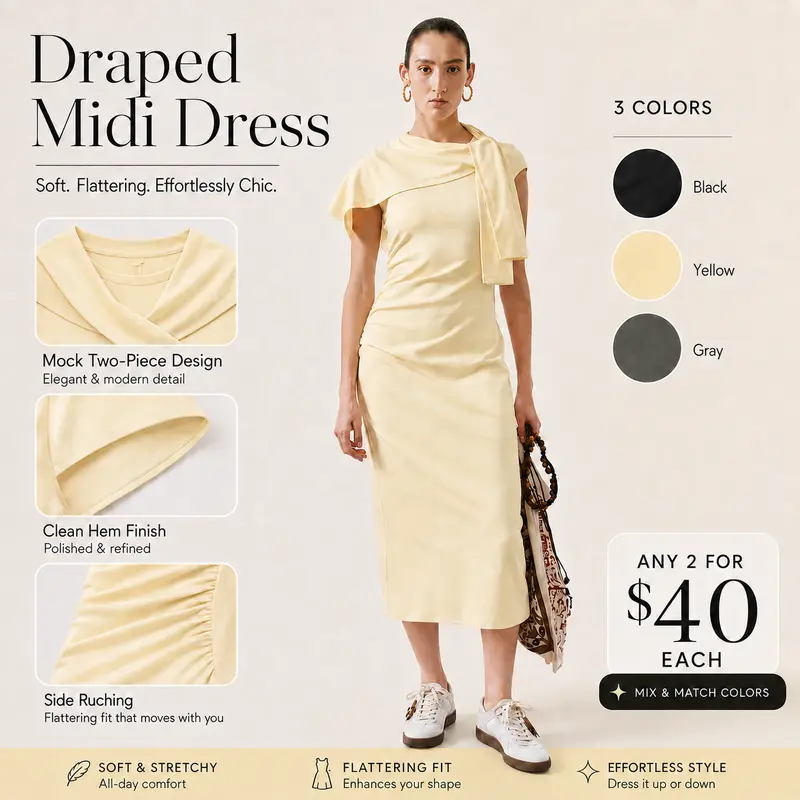 URBAN REVIVO Women's Short-Sleeve Cotton-Elastane Blend Casual Evening Draped Shawl Midi Dress - Tie Waist, Soft Light Fabric, Chic Modern Elegant Fashion Style, Easy Movement, All Seasons Wear, Cold Wash, Flat Dry, No Dry Clean
