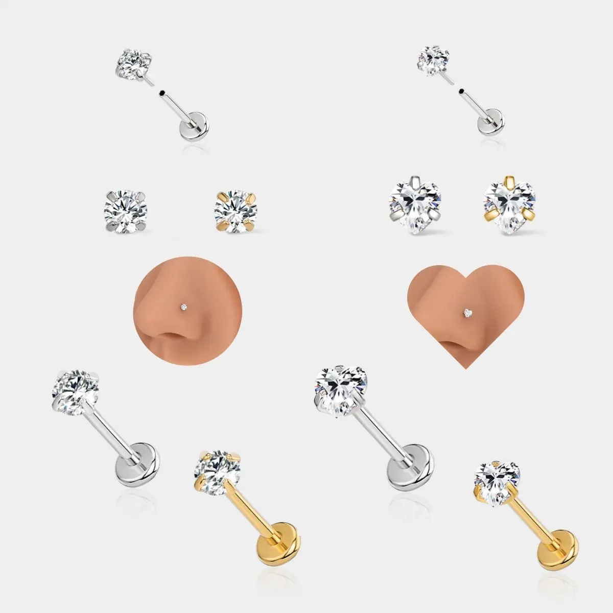 OUFER 20G ASTM F136 Titanium Threadless Push Pin Flat Back Nostril Nose Ring - 7mm Bar Heart-Star Style, Flat Pierced Threadless Non Tarnish Dainty Gemstone Body Jewelry for Women’s Helix Lobe Piercings, Flat Pierced Jewelry, Threadless Jewelry