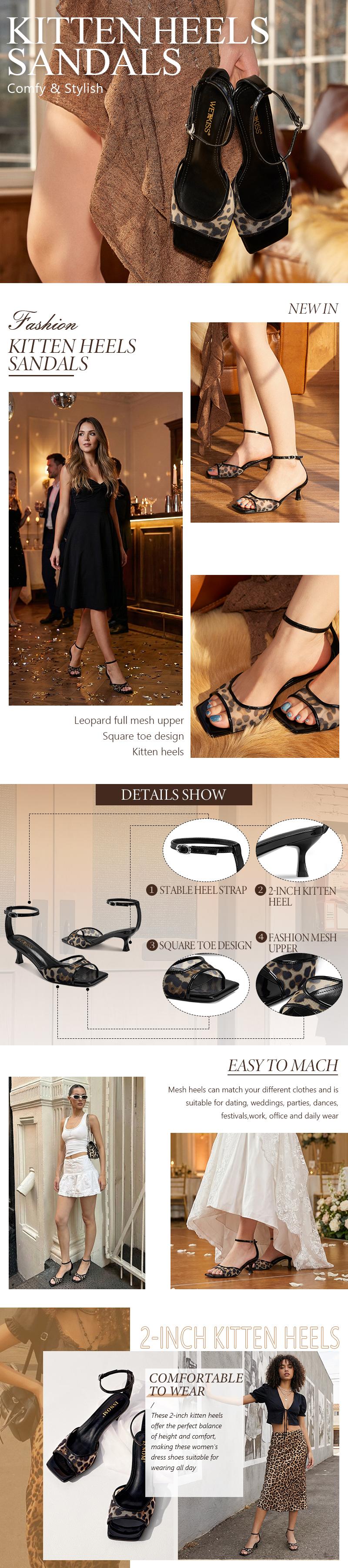 Wetkiss Women's Leopard Mesh Kitten Heels Sandals Square Toe Ankle Buckle Strap Low Heels Comfort Summer Dress Shoes,Women's Shoes,Sandals Women #TikTokShopSpringGlowUp #greenish #greenish