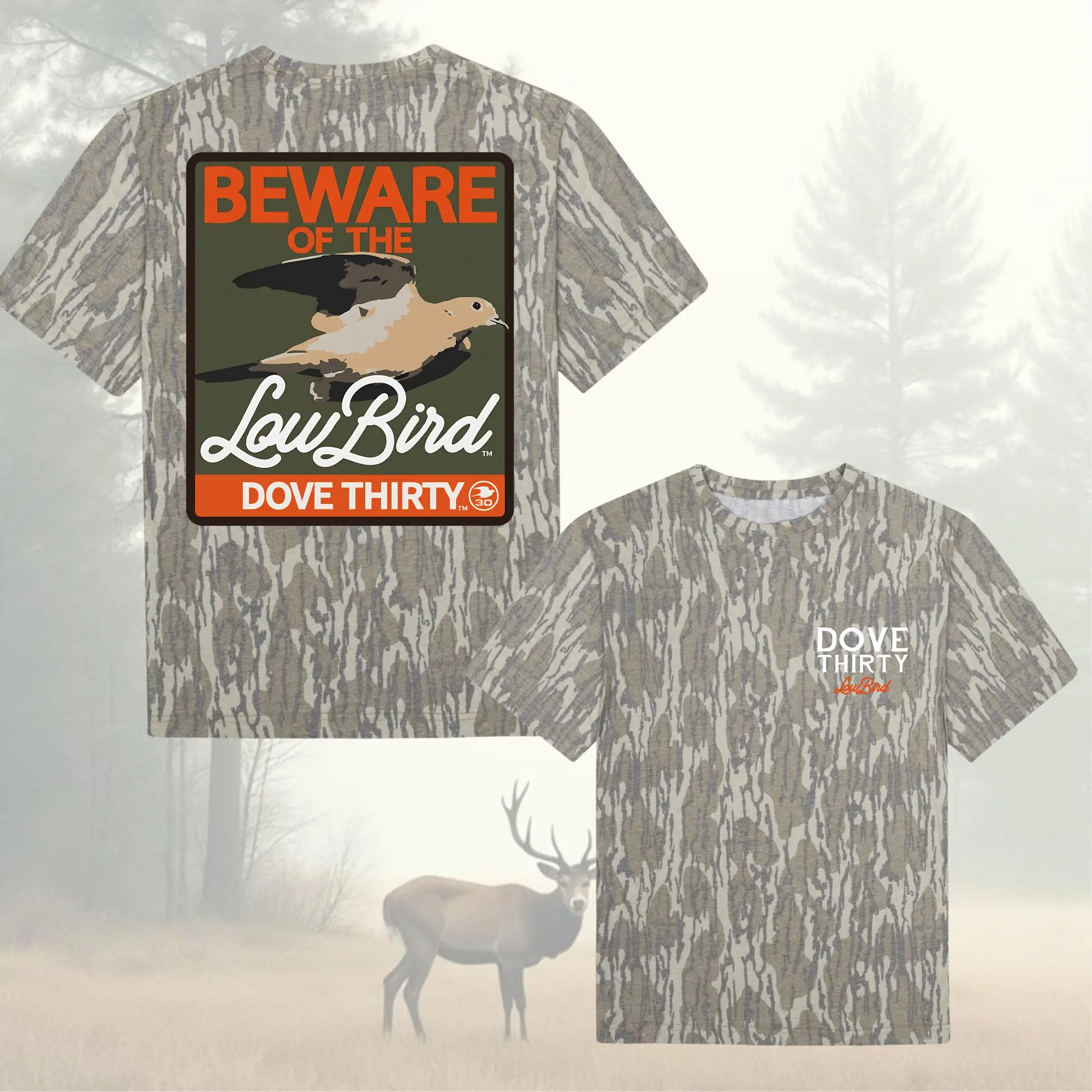 Men's Classic Aesthetic Camouflage Short-Sleeve Top - "30 Beware of the Low Bird" Graphic, Southern Dove Hunting Hunter Tee, Front & Back Print, Vintage