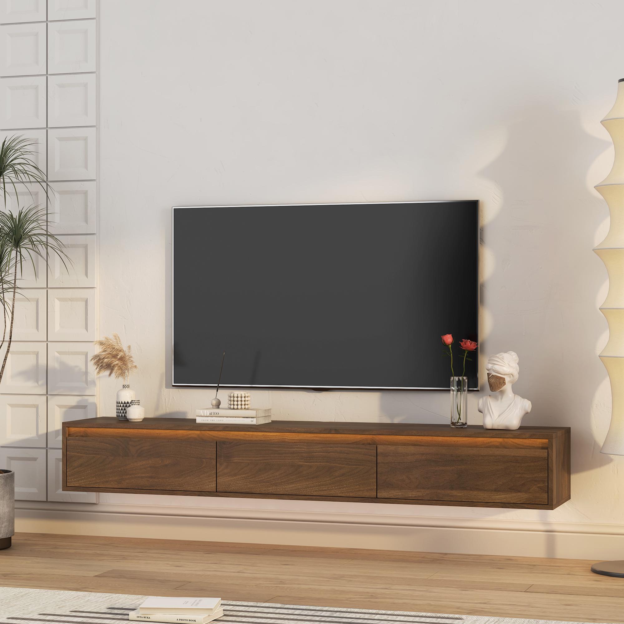 Floating TV Stand with LED Lights & Power Outlet, Wall Mounted High Gloss TV Cabinet, Modern Wood Media Console with Storage for 60–69" TVs, Living Room TV Shelf Floating TV Stand with LED Lights & Power Outlet, Wall Mounted High Gloss TV Cabinet, Modern Wood Media Console with Storage for 60–69" TVs, Living Room TV Shelf