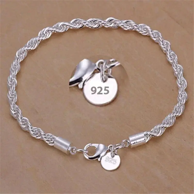 925 Sterling Silver Bracelet with 4mm Minimalist Rope Twist Chain, Unisex Jewelry for Daily Wear, Ideal Couples or Friendship Gift, Pair Gift, 925 Real Silver Bracelets & Bangles, Exquisite Bracelet, Adults