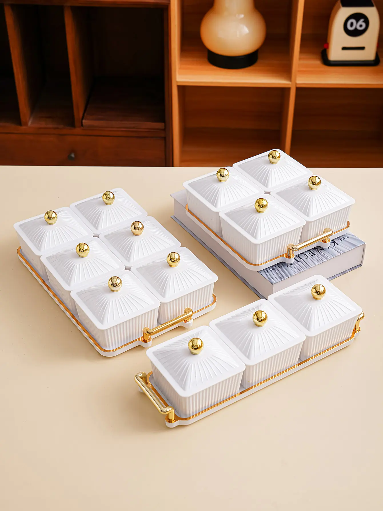 Gold Bead Decor Acrylic Snack Plate Tray with Gold Handles,Ideal for kitchen seasonings, weddings, holiday parties, coffee tables & more!