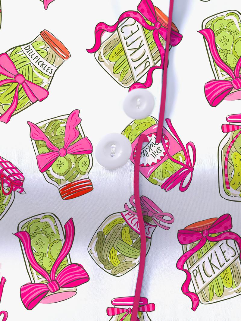 Elegant women's sleepwear set with knitted fabric short sleeved button top and shorts, pickled cucumber print home clothes, casual one-piece cartoon pattern sleepwear combination, lemon design essential short sleeved fashionable women's pocket style