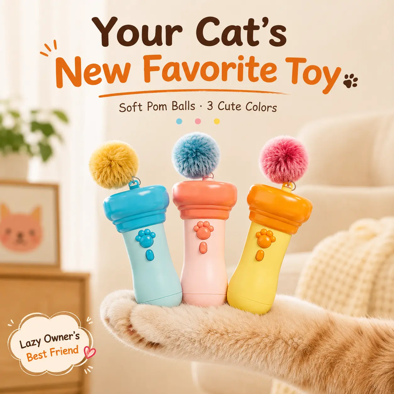 Electric Cat Wand Toy for Indoor Cats, 2026 New Interactive Automatic Retractable Cat Teaser with Plush Ball, Fuzzy Ball Launchers Enrichment Toy for Kittens Adult Multi Pet Households
