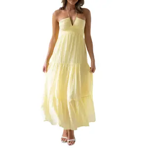 Women's Summer Sleeveless Halter Neck Boho Long Dress Backless Ruffle Hem Tiered Flowy Maxi Sundress