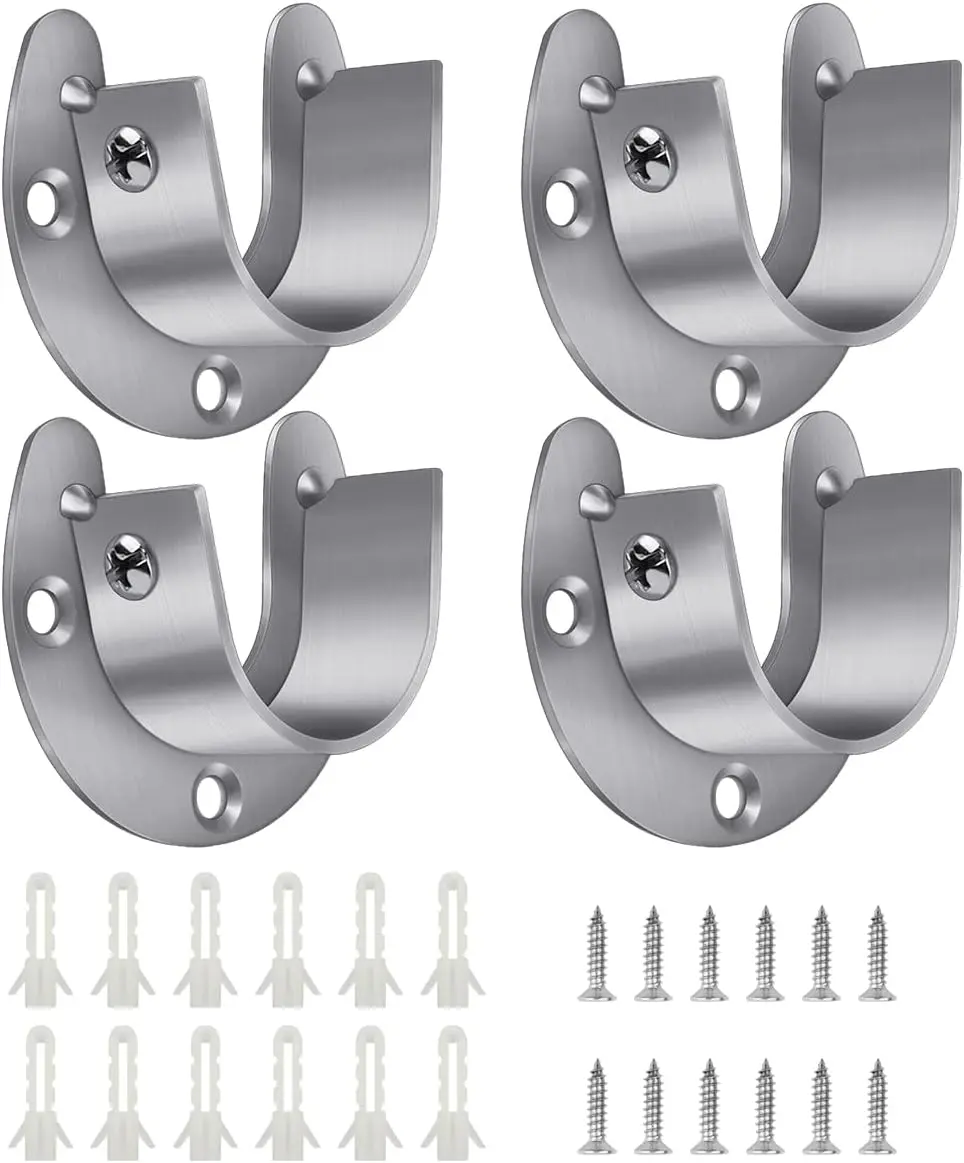 4 Packs Stainless Steel Wardrobe Bracket U-Shaped Rod Socket Flange 1-1/4" Diameter Heavy Duty Closet Rod Brackets End Supports for Closet Rod with Screws (Silver) yuntop
