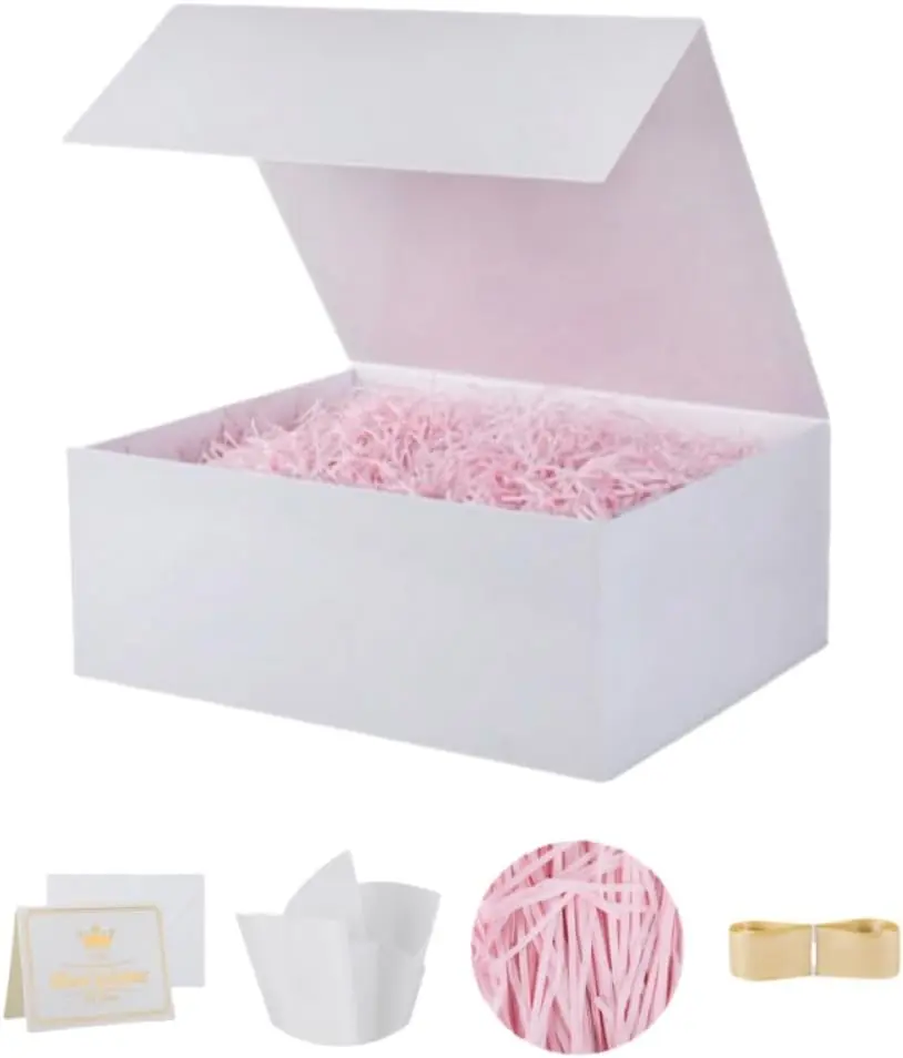 Small Luxury Collapsible White Gift Box (9.5x6x3 in) with Magnetic Lid, Card, Ribbon, Tissue Paper, Shredded Paper Filling for Birthday, Employee Appreciation Gifts