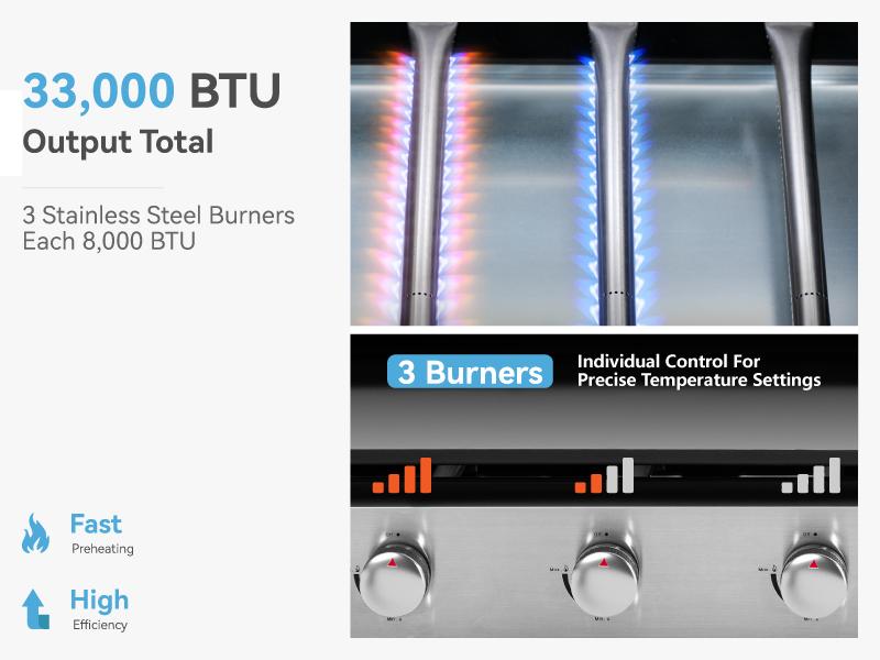 PHI VILLA 22" Flat Top Grill with Lid, Ceramic Coated Cast Iron Griddle, 3-Burner Portable Tabletop Gas Griddle, 24,000 BTU Barbecue Bbq Stainless Steel