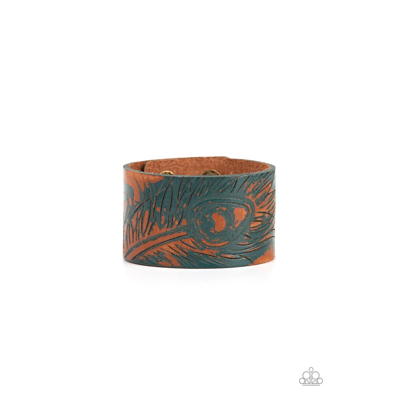 Distressed Leather Bracelet for Women, Urban Style with Etched Blue Peacock Feather Art, Adjustable Snap Closure, Adjustable Size, Distressed Look, Etched Art, Bangle, Urban Distressed Band
