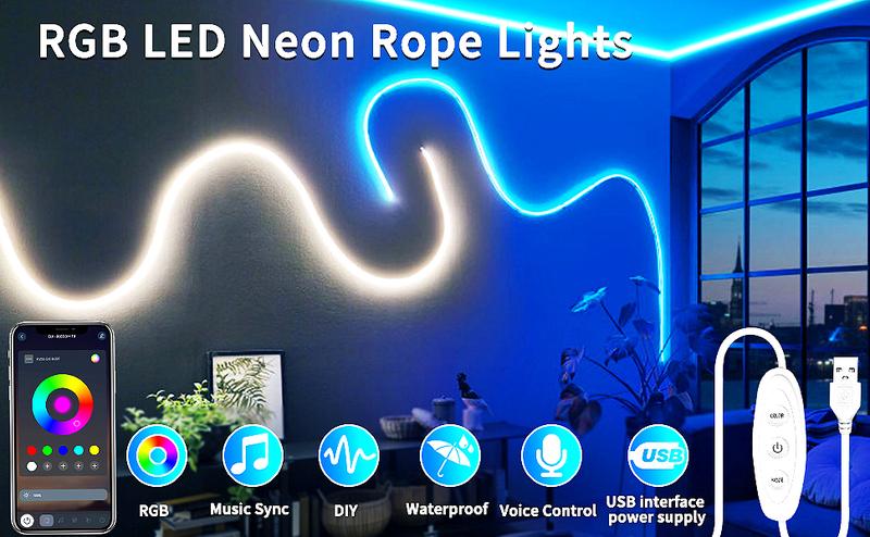 LED Neon Rope Lights, RGB LED Light Strip, 5V Music Sync App/Remote Control DIY Rope Light, IP67 Waterproof Gaming LED Neon Strip Lights for Bedroom Indoor Oudoor Decor home party decoration