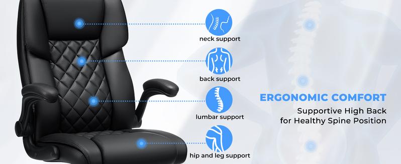 Big and Tall Office Chair 450lbs Heavy Duty Ergonomic Executive Desk Chair with Adjustable Lumbar Support High Back Home Computer Leather Chair with Padded Flip-up Arms for Heavy People Black