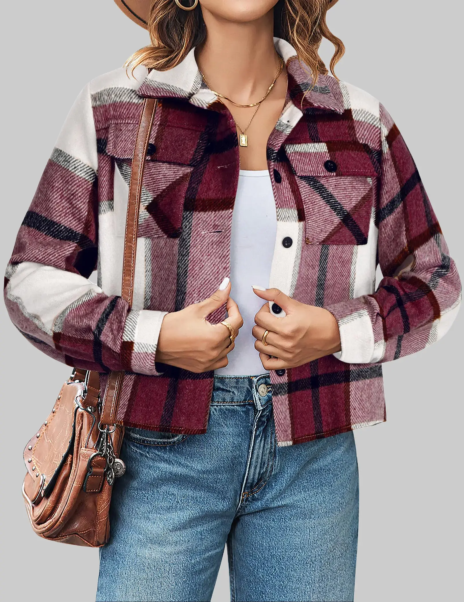 Women's Cropped Plaid Flannel Jacket Tops, Vintage Loose Fit Button Down Shacket with Lapel Collars, Warm Fabric for Casual Outdoors, Soft, Holiday, Working, Button Cuffs Add Polish, Full-Sleeve
