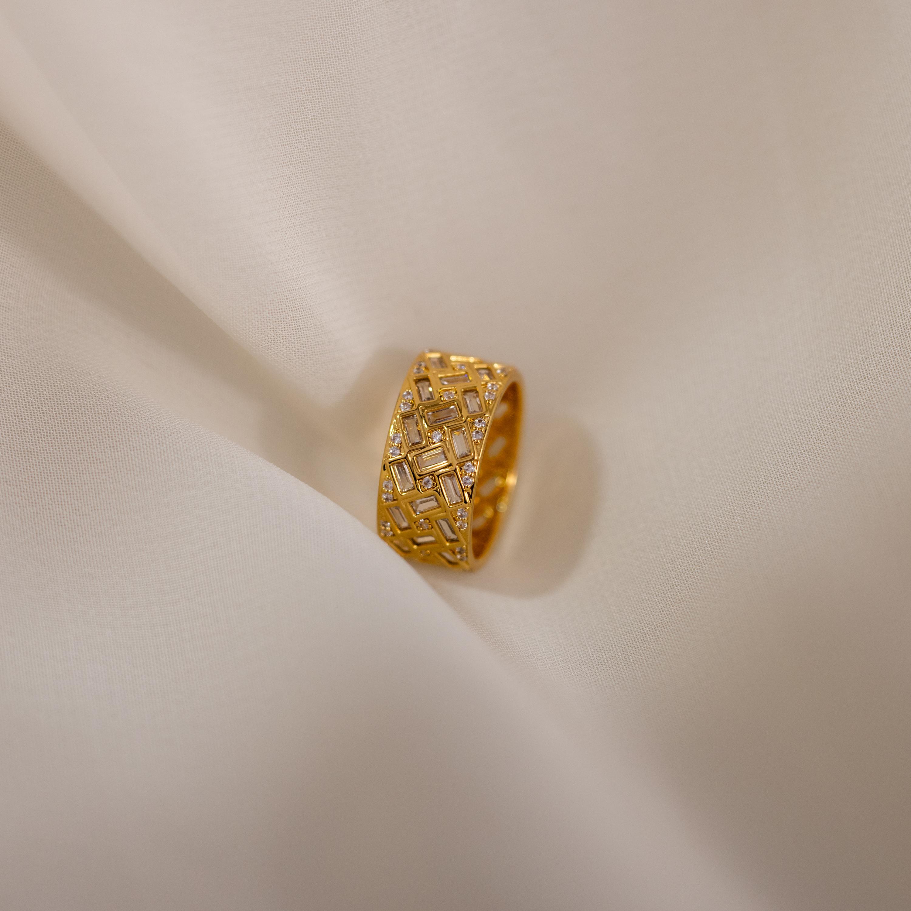 Mosaic Diamond Baguette Ring by Caitlyn Minimalist - Chunky 18K Gold Plated Vintage Stacking Ring - Art Deco Jewelry - Anniversary Gift for Wife