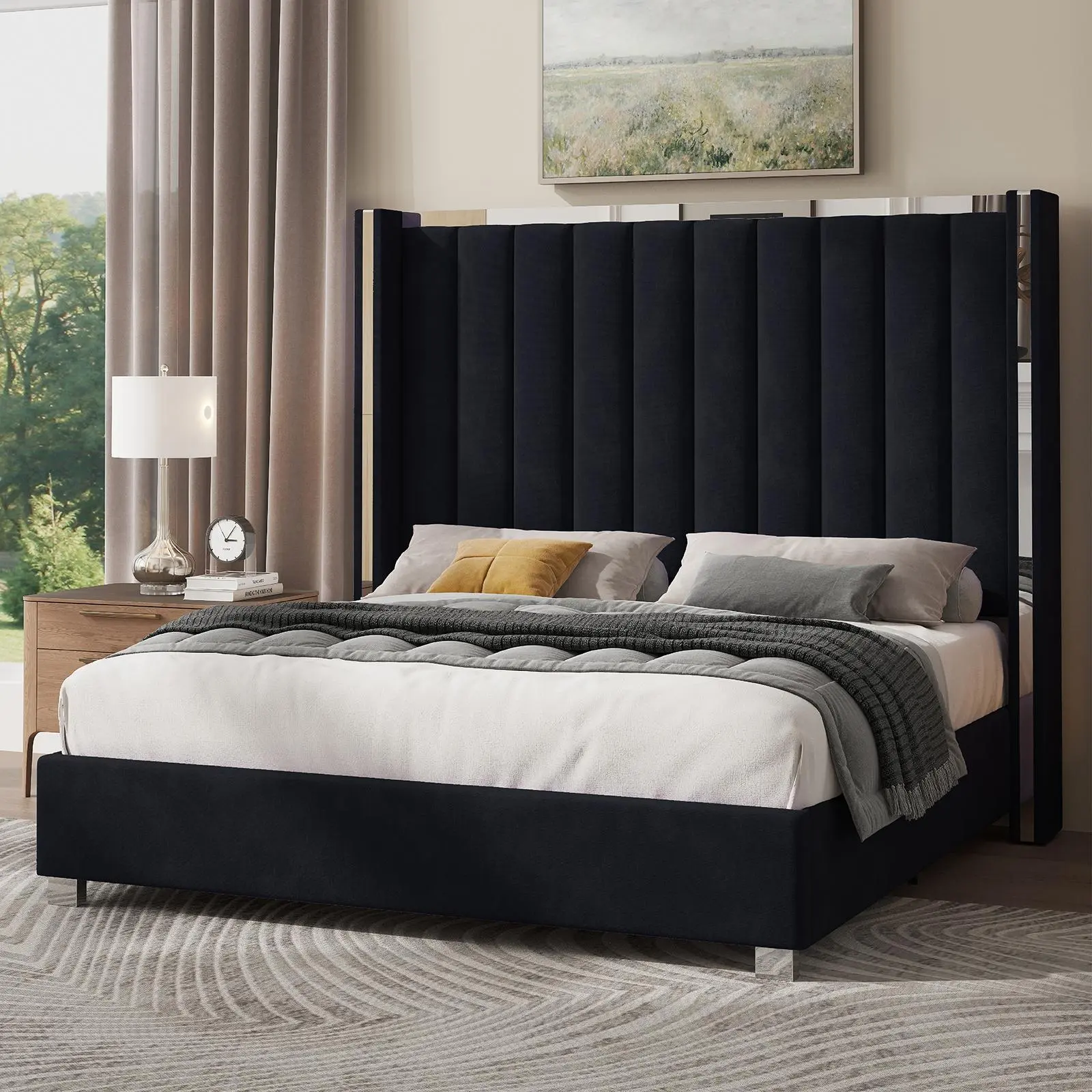 AMERLIFE Modern Bed Frame with 58" Tall Headboard, Velvet Upholstered Platform Bed with Channel Tufted Wingback Headboard & Plating Trim Design, No Box Spring Needed, Luxury Bedroom Furniture/Christmas Gifts[tiktokshopbacktoschool][SohoChic]