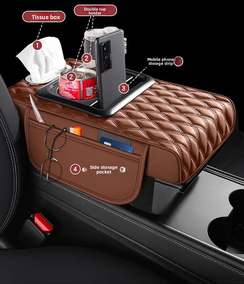 Leather car armrest cushion! This multi-functional pad holds cups, tissues, and storage—no more dangling arms on long drives! Solve all your road trip pain points for the price of a bubble tea!