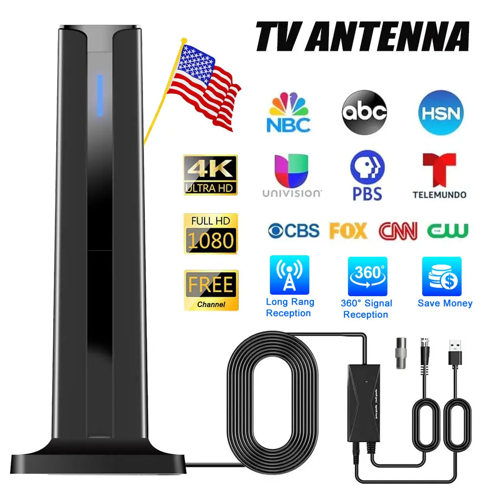 Indoor Digital TV Antenna for Smart Local Channels With 5M Cable And 3M double-sided tape base ,Amplified Signal Booster For 1080p TV and All Older TV's HDTV Antenna