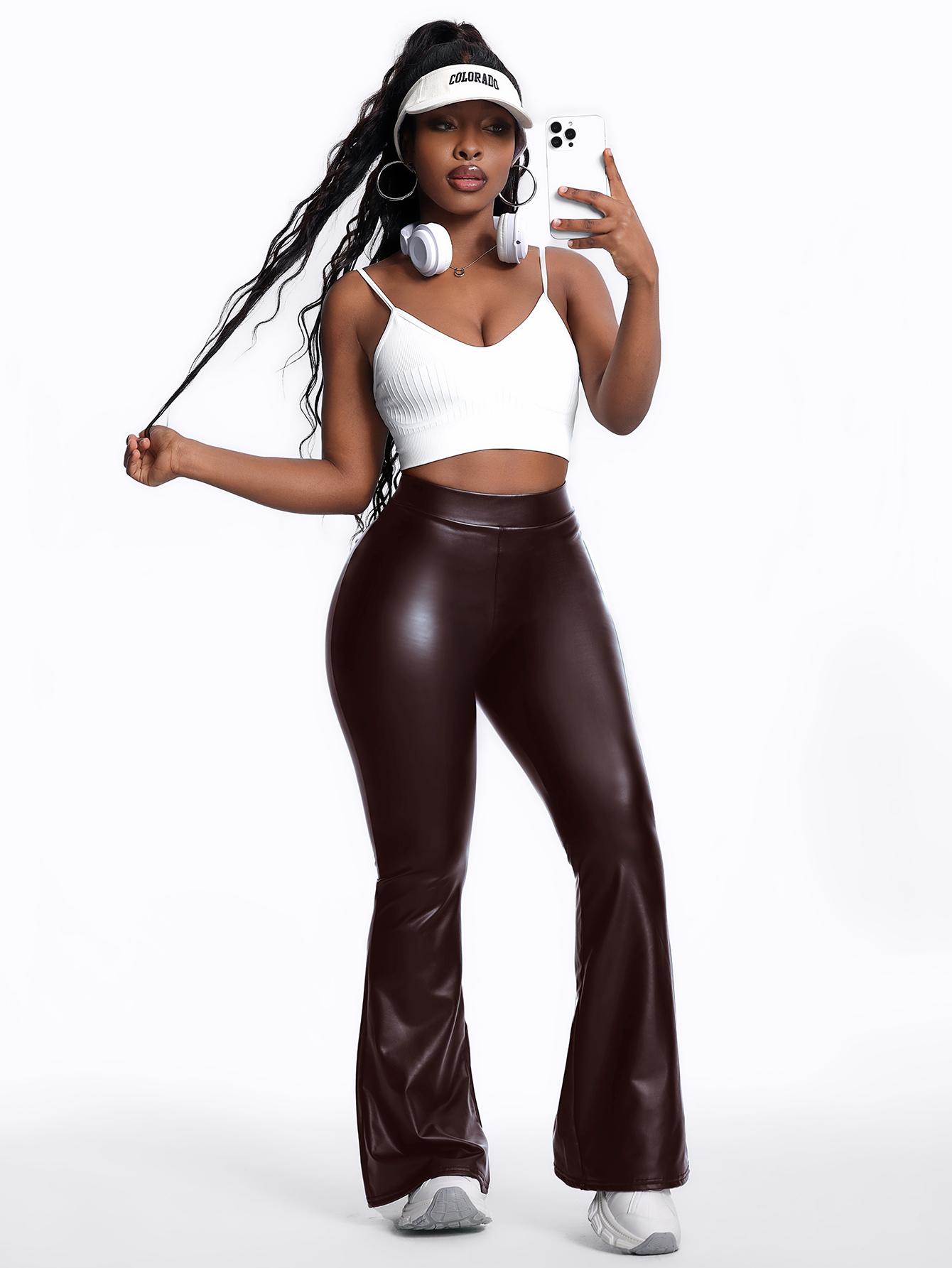 WAKYFIT Womenswear High Waist PU Leather Flare Leg Pants – Slim-Fitting Glossy Bell Bottom Trousers, Minimalist Crop Outfit for Daily & Outdoor Wear