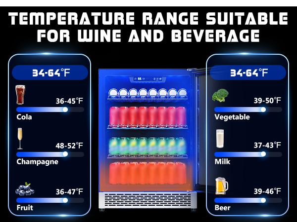 AMERLIFE Beverage Refrigerator-24 In fridge with Glass Door, Adjustable Shelves and LED Touch Panel, Under Counter Design for Wine Beer, Built-In or Freestanding Use, 34-64℉