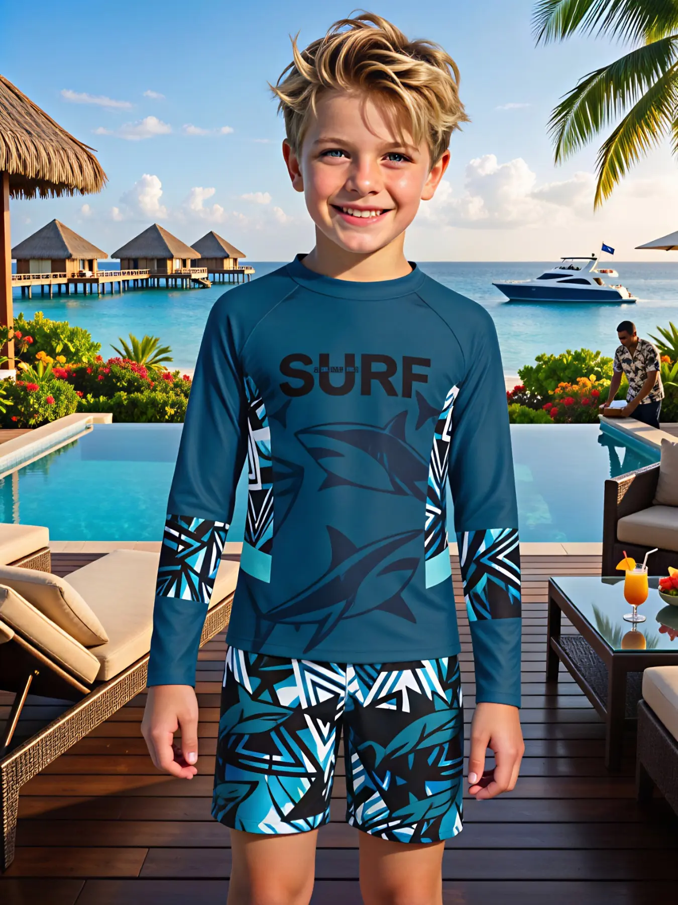 Ocean-themed Sun Protection Swim Set for Boys Ages 6–14: Blue and Black Geometric Shark Print Long-Sleeve Swimsuit + Matching Shorts; Quick-Dry Juniors Swimsuits Children's Swimwear; Suitable for Outdoor Water Activities and the Pool Summer Swimwear