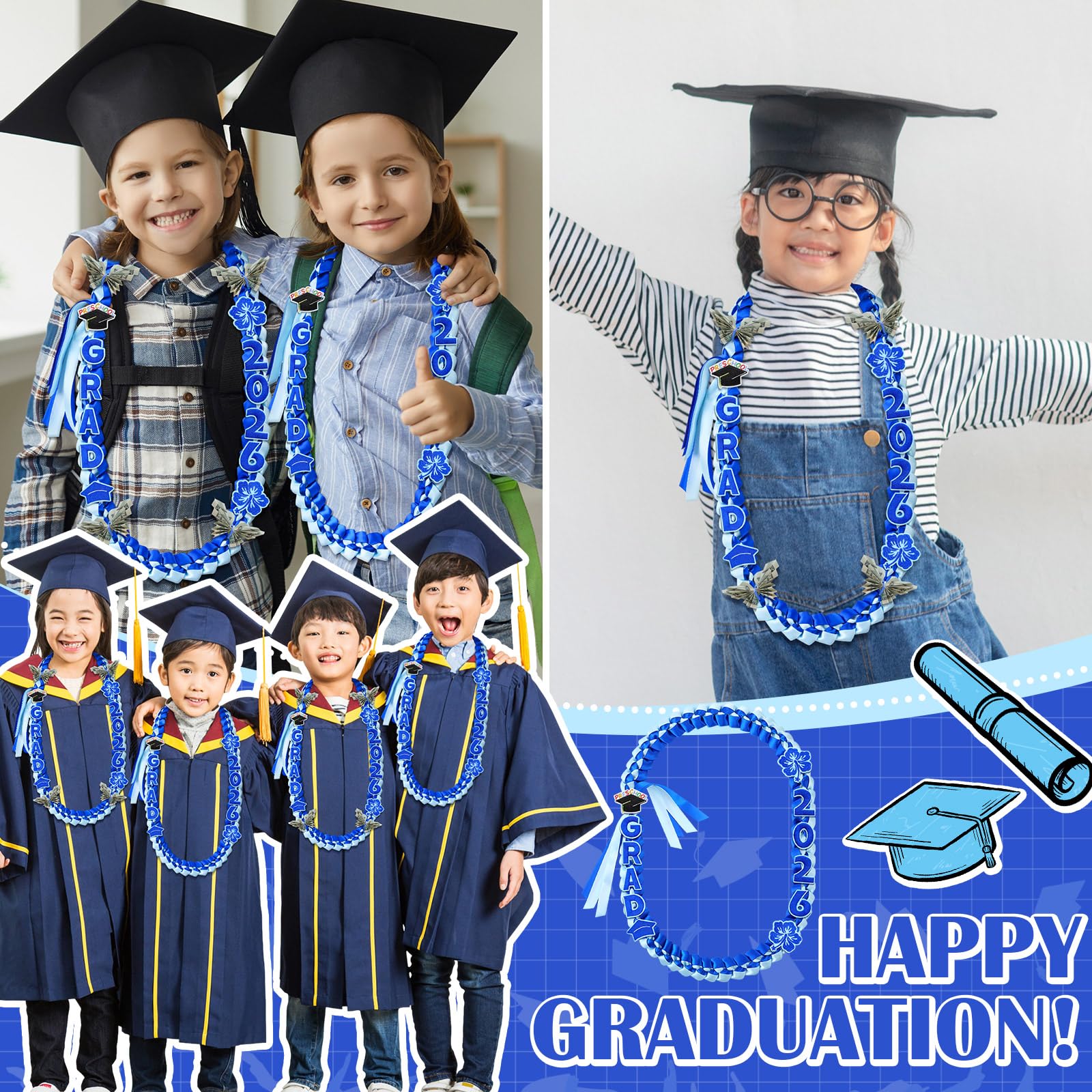 Kids Graduation Leis Class of 2026 Necklace Ribbon Leis 47 inches Double Braided Preschool Graduation for Preschool Kids Students Teachers Boys Girls for Graduation Ceremony Party Celebration Graduation Campus Supplies Pretty Bracelet Costume