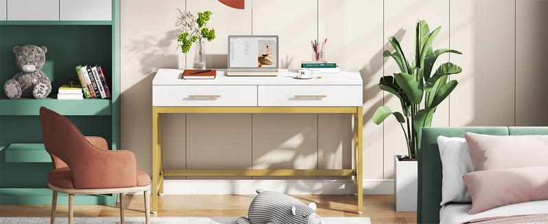 【BTS ONLY】Tribesigns 41" Computer Desk with 2 Drawers, Modern Study Writing Desk with Metal Frame for Home Office, Bedroom, White & Gold