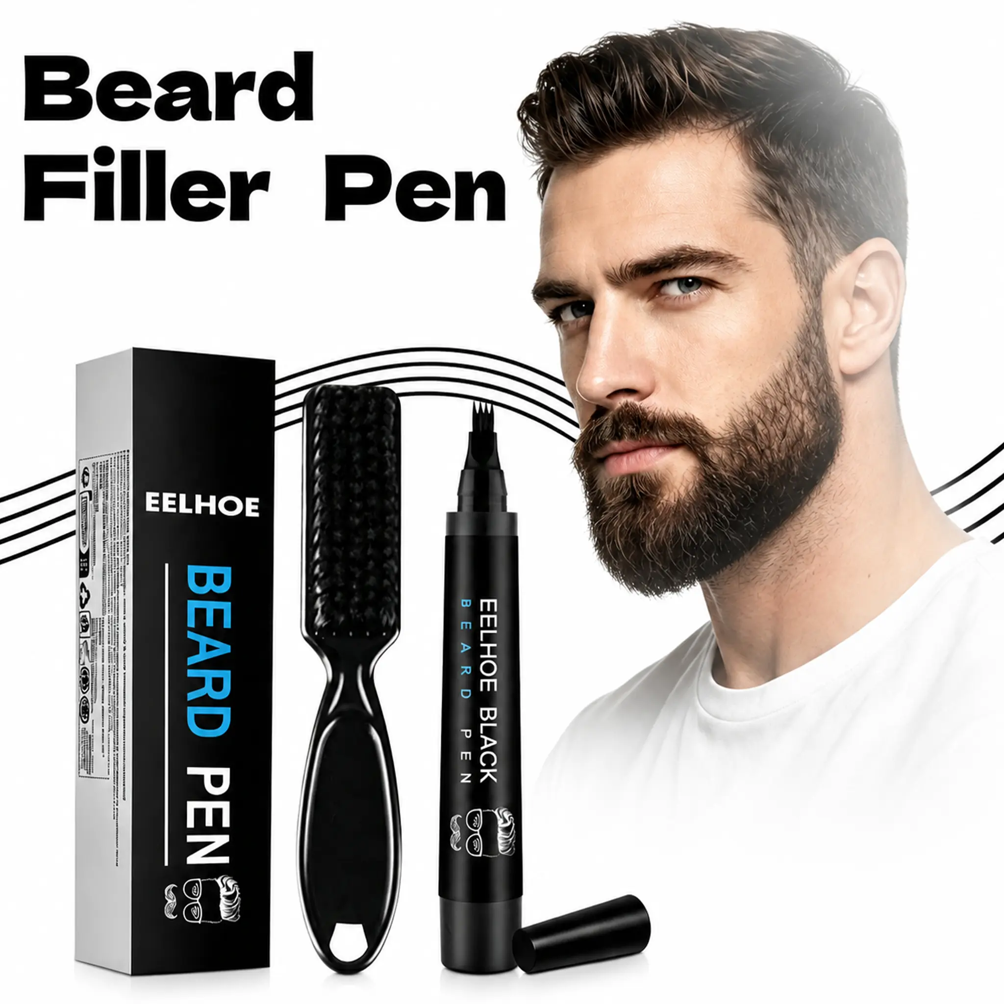 Men's Beard Filler Pen Kit Set - Unscented Waterproof, Sweat-Proof, Smudgeproof Oil Wax Base, Facial Fuller Look, Easy-Apply Daily Grooming Product for Thin Beard/Eyebrows with Brush