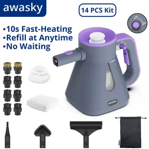 awasky Steam Cleaner, 1200W Fast 10-Sec Heat-Up-25oz Tank-No Cooling-Refill Anytime-Lockable Steam Trigger-14-Piece Kit Hand Held Steamer for Home Car Grout Tile Cleaning Grey