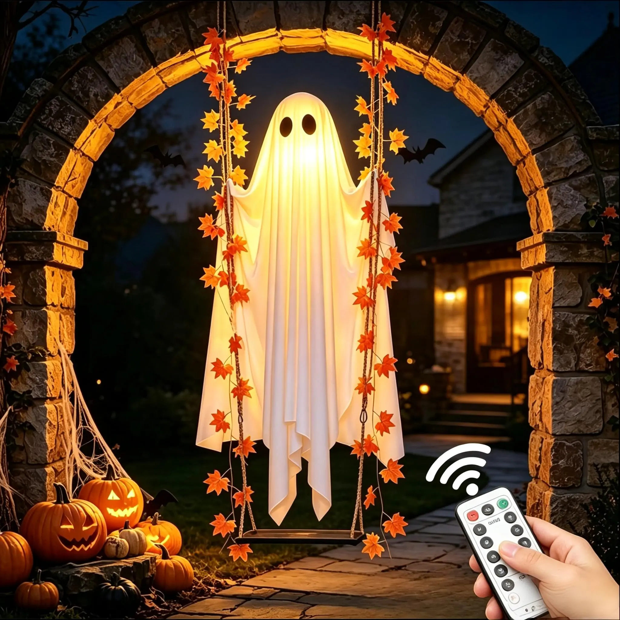 Halloween Day Swinging Ghost Halloween Decoration with LED Light-Up Maple Leaf Garland & Remote Control, Hanging Outdoor Decor for Yd, Porch & Party, Halloween Decorations Outdoor, Party Lighting Decoration