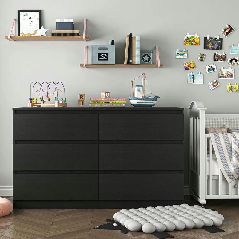 Spaco 6 Drawer Double Dresser for Bedroom, Black Chest of Drawer,  Modern Storage Cabinet for Living Room, Nursery Dresser