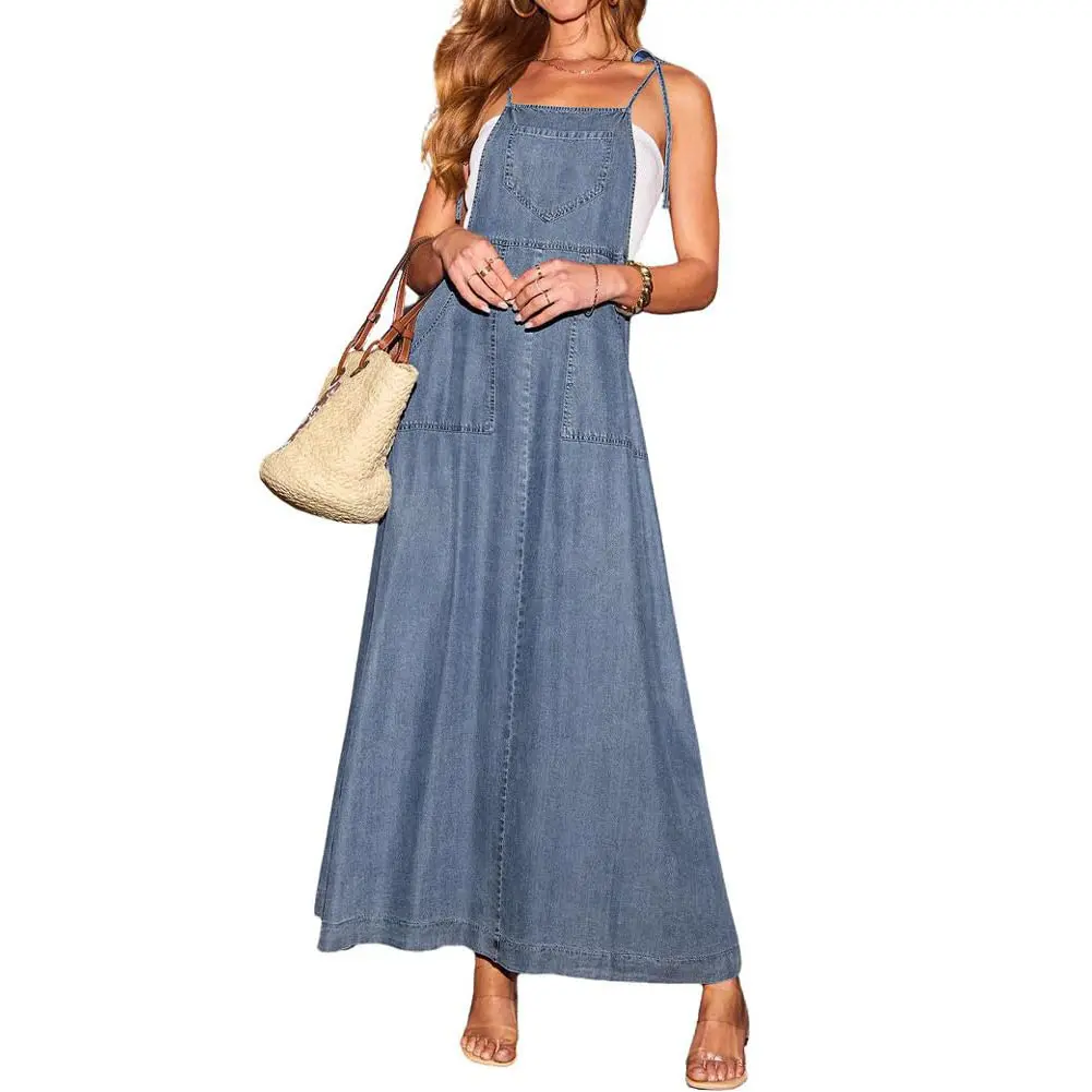 CHOUYATOU Women's Flared Denim Overall Dress, Casual Tie-Knot Spaghetti Strap Maxi Sundress with Kangaroo Pocket for Going Out