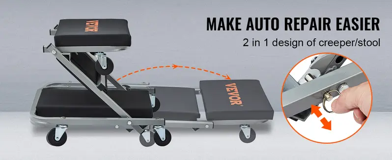 VEVOR 36-in Foldable Z Garage Creeper Seat Rolling Stool - Car Repair Tools, 2-in-1 Design, Convertible from Creeper to Stool, Adjustable Ergonomic, Oilproof Vinyl, 360° Smooth Steer, 3-in Tight Access, Steel Frame for Auto Mechanics