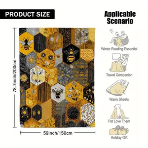 Cozy Honeycomb Floral Motif Flannel Blanket - Soft, Warm, & Comfortable All-Season Vintage Style with Yellow, Black, & Green Hexagonal Patterns, Lightweight at 200-250g/m², Versatile Gift Idea, Cozy Home Decor | Vintage Style Throw