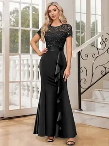 Miusol 53272 Women's Elegant Sequin Lace Contrast Ruffle Style Formal Evening Prom Long Dress
