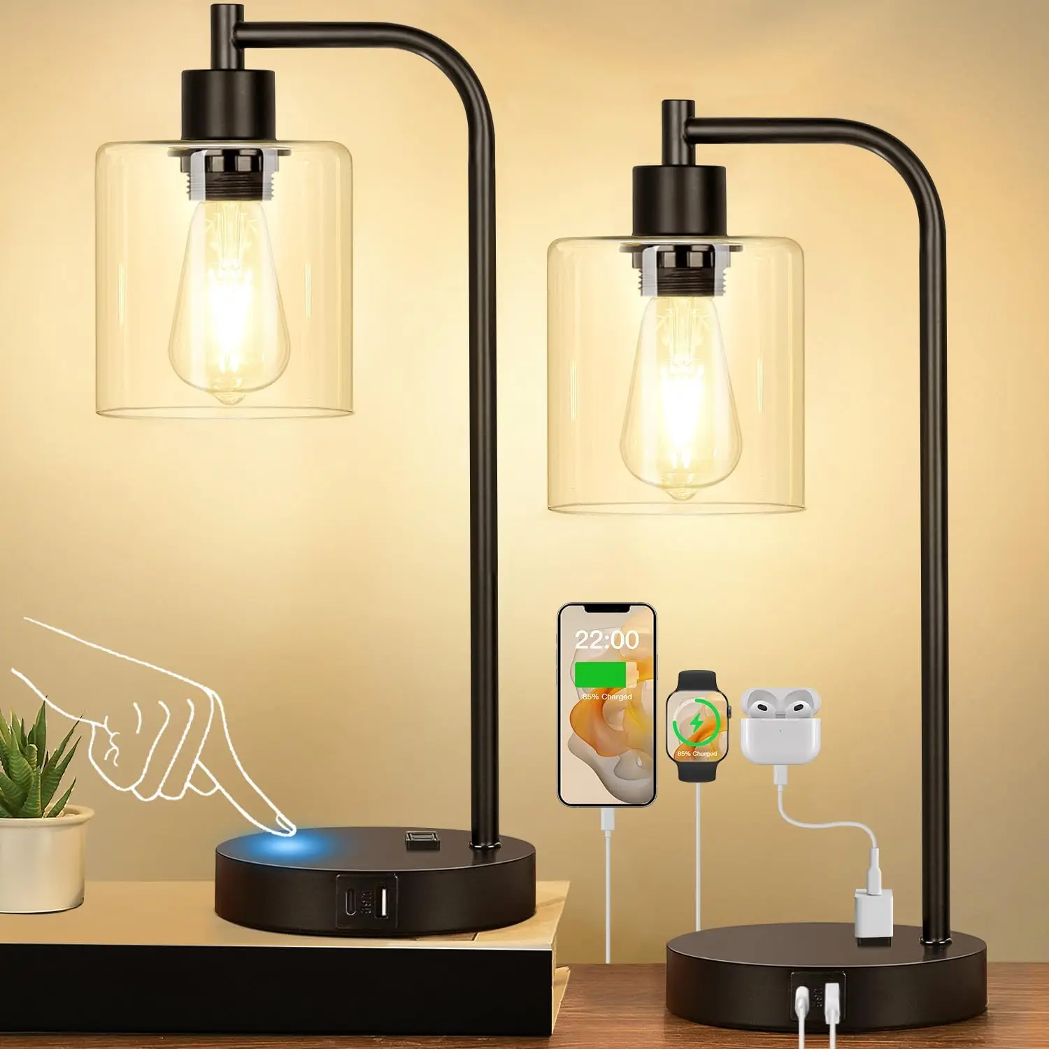 Set of 2 Industrial Touch Control Table Lamps with USB C+A Ports and AC Outlet - 3-Way Dimmable Black Bedside Lamps Nightstand Desk Lamps for Bedroom Living Room, Glass Shade & 2 LED Bulbs Included Decorative