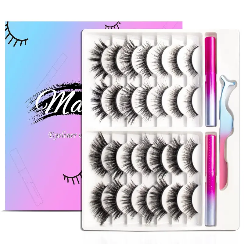 Magnetic Eyelashes Kit, Long Lasting and Reusable Magnetic lashes Natural Look, 14 Pairs False Eyelashes with Magnetic Eyeliner & Tweezers, Easy to Wear, No Glue Needed (14 Pairs)