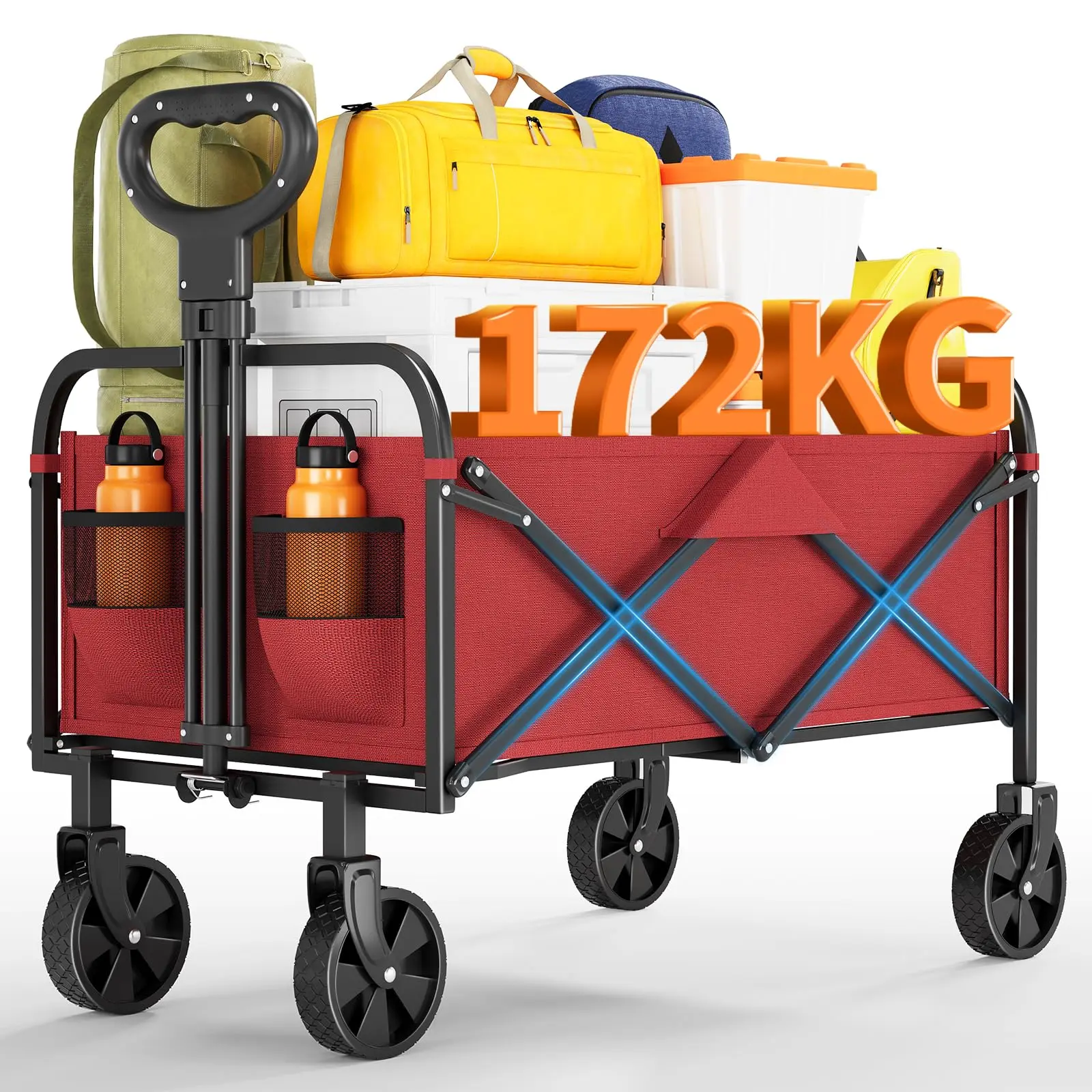 GARVEE Heavy-Duty Collapsible Foldable Wagon Cart, 380Lb Capacity Utility Wagon with 5" All-Terrain Wheels & Drink Holders, Foldable Grocery Cart for Indoor Furniture Use, Red, Grocery Cart Foldable