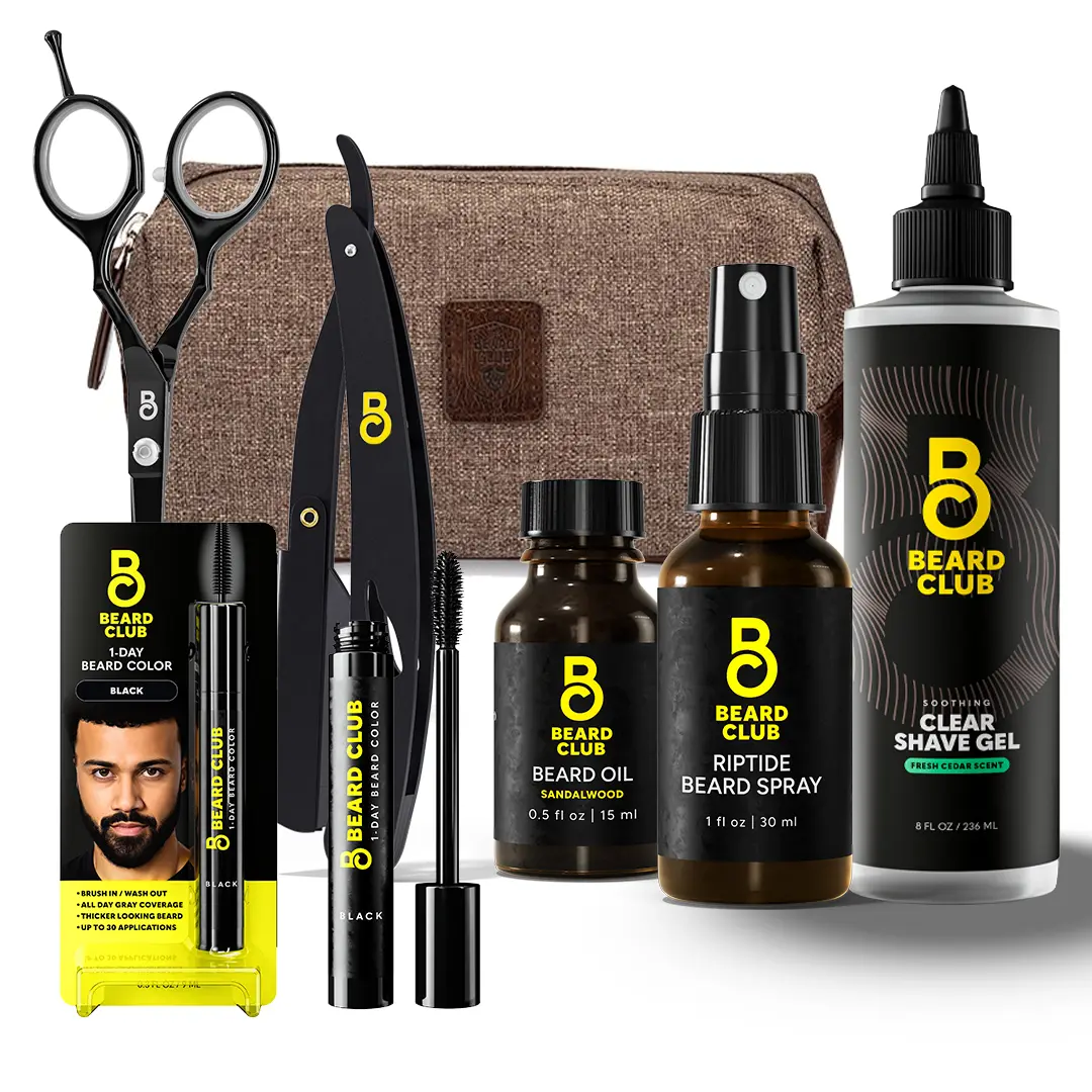 The Beard Club Men's Grooming Clean Up Kit - Trimming Scissors, Straight Edge Razor, Travel Bag, Sandalwood Oil, Riptide Spray, 1-Day Brow Temporary Color, Clear Shave Gel