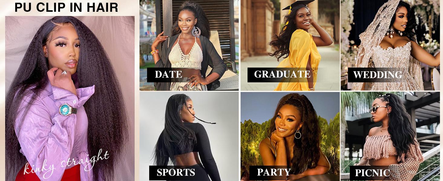 Mamushow Yaki Straight Clip in Hair Extensions Human Hair Seamless Pu Clip ins Hair 8 Pcs 18 Clips Human Hair Natural Black 12-30 Inches 120g/pack