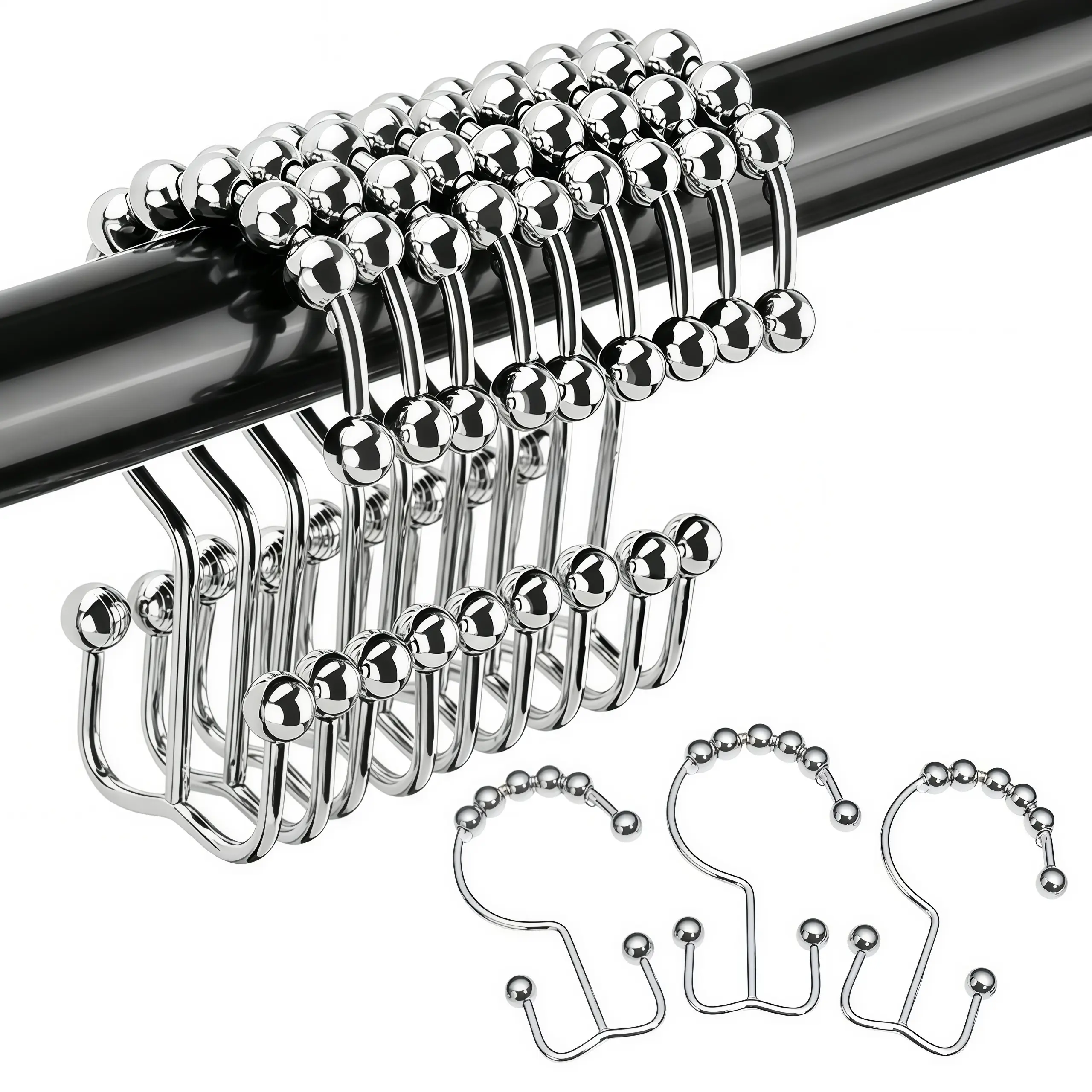 LMMAKE 12PCS Rust-Resistant Metal Shower Hooks - Double Glide Rings for Bathroom Curtain Rods, Set of 12.