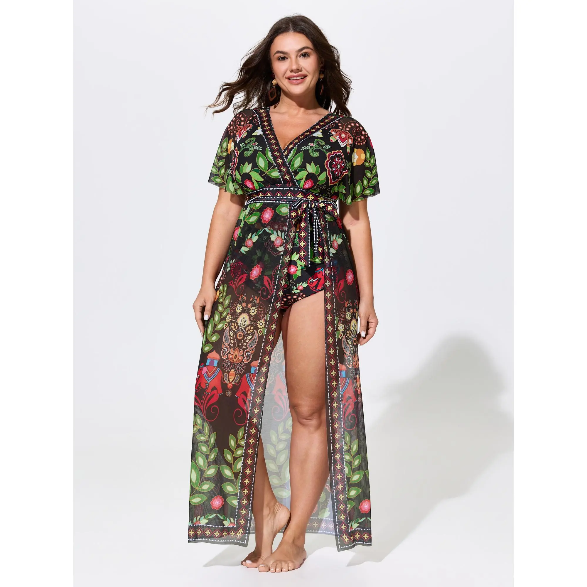BLOOMCHIC Plus Size Sarong Set Tropical Print Sheer One-Piece Swim [M-6X] ,Summerfinds