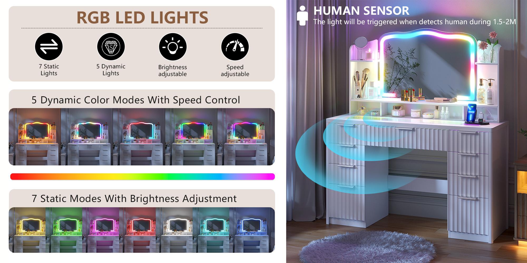 Fluted Makeup Vanity with large storage&RGB Lighting,Vanity Desk with 9 drawer,  Jewelry Oraganizer,Open shelves&Charger Station,Dressing Table Gift for Women/Girls/Lady，White