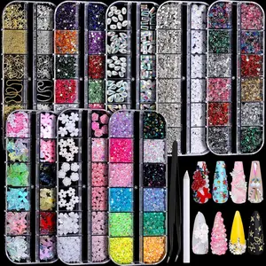 Nail Charms, Nail Rhinestones Kit with 8 Boxes of Nail Gems, 3D Charms for Nails, Colorful Clear Flatback Rhinestones, Charms Y2K for Nails, Multi Shape Pearls Jewels for Crafts