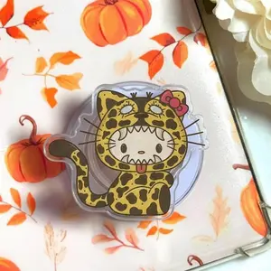 Y2K Aesthetic Leopard Cat Phone Grip, Cute Cheetah Print Phone Stand, Kawaii Hand-Drawn Character Accessory, Unique Indie Art Style Phone Holder, Pink Ribbon Animal Decor Gift for Her