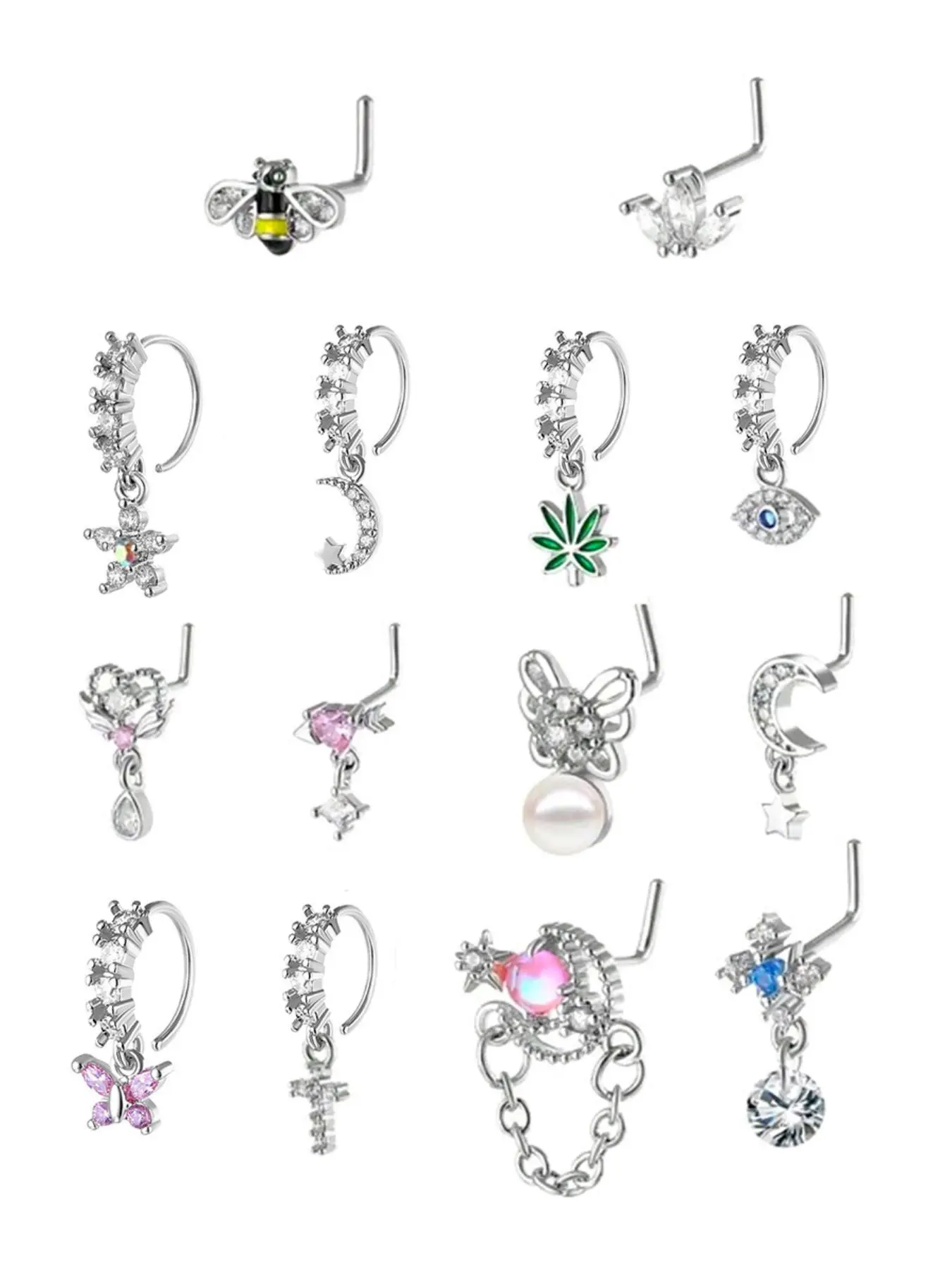 Women's Stainless Steel Nose Rings Set, Nose Piercing Jewelry, Body Piercings, Body Jewellery, Artificial Zircon Flower Design Jewelry, Elegant All-Season Accessory for Women & Girls
