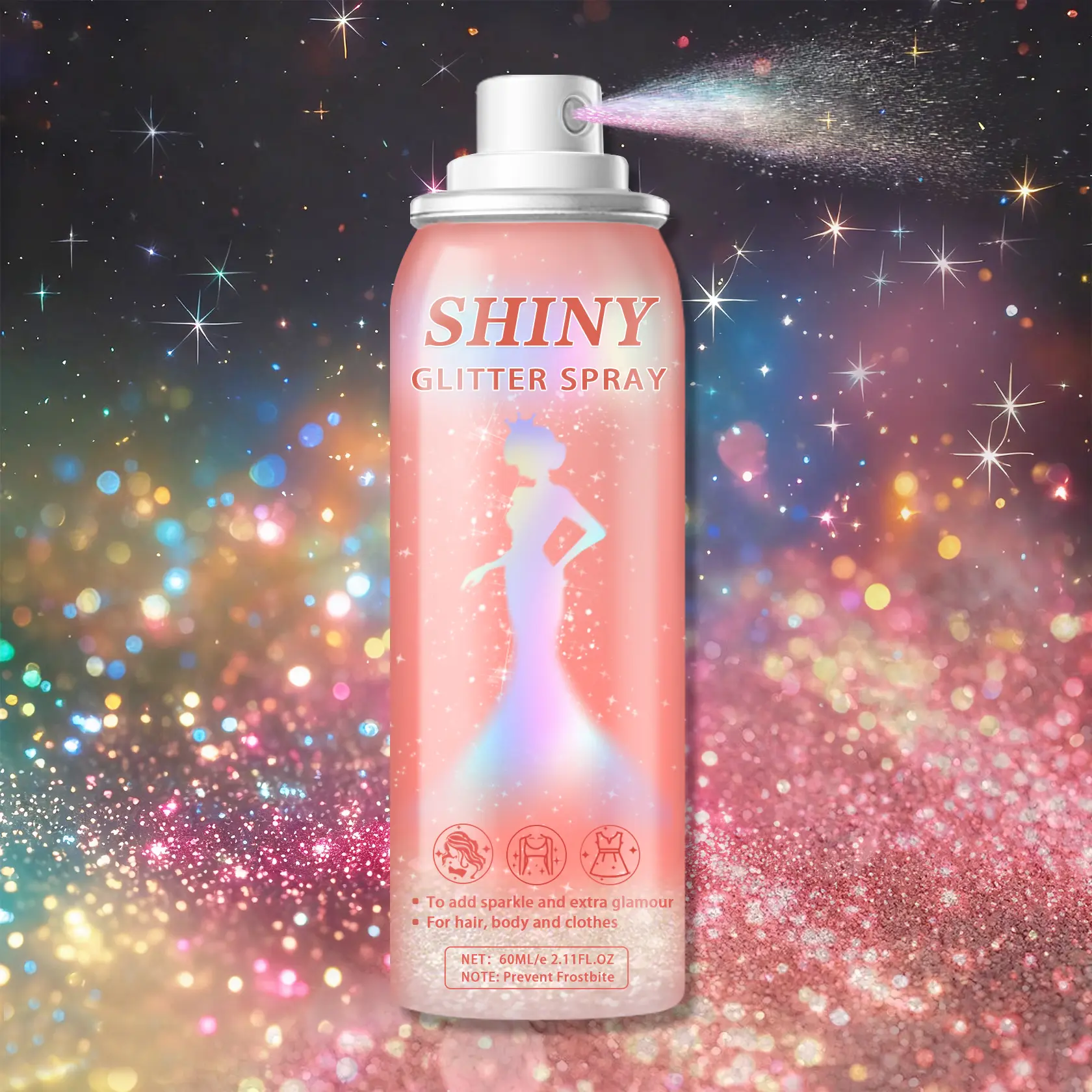 QIUFSSE 60ml Shiny Glitter Spray for Hair and Body | Holographic Silver Shimmer Spray | Quick-Drying & Long-Lasting Glow | Ultra-fine Sparkle Powder for Party, Rave & Music Festival